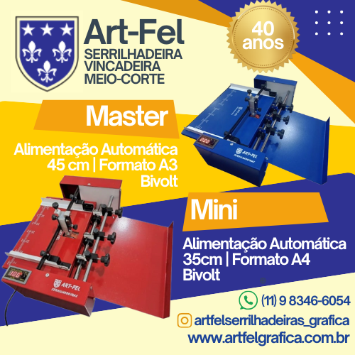 Serrilhadeira Art-Fel Mini Automática: Serrilha, vinca e meio corte - Ideal para pequenas gráficas, gráficas rápidas, papelarias, escritórios, escolas, fabricantes de convites de casamento. Serrilhadeira Vincadeira Art-Fel Profissional: Serrilha, vinca e meio corte - 7.000 folhas/hora - Papéis de 50 a 300 gr - Até 43cm - Bivolt - Pesa aprox. 20kg - Dimensões: 60x60x30cm. • Fácil Manuseio • Manual de Instruções • Garantia de 6 meses • Fabricação Nacional • Peças de Reposição a Pronta Entrega • Atendemos todo Brasil • Parcelamento através do PagSeguro