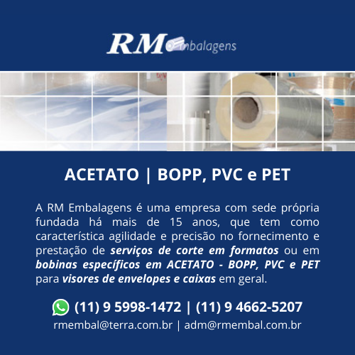 RM Embalagens | ACETATO - BOPP E PVC | A RM Embalagens é uma empresa com sede própria fundada há 15 anos, que tem como característica agilidade e precisão no fornecimento e prestação de serviços de corte em formatos ou em bobinas específicos em ACETATO - BOPP e PVC para visores de envelopes e caixas em geral.