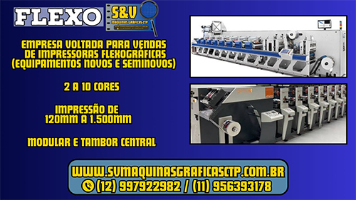 Empresa voltada para vendas de Impressoras Flexográficas 2 a 10 cores, impressão de 120mm a 1.500mm, modular e tambor central.