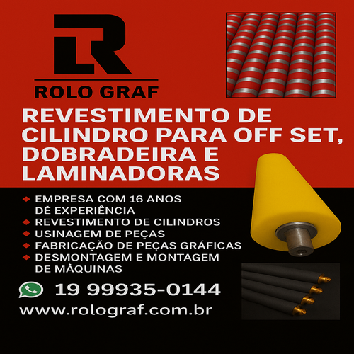 Rolo Graf | Revestimento de Cilindro para Offset, Dobradeira e Laminadoras. Empresa com 16 anos de experiência. Revestimento de cilindros. Usinagem de peças. Fabricação de peças gráficas. Desmontagem e montagem de máquinas.