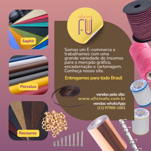 OFICINAFU - Encadernação | Cartonagem | Produtos e Materiais para Encadernação. Nossa loja é uma das mais completas lojas virtuais de produtos e materiais para encadernação, ferramentas, acabamentos, revestimentos, ferragens e papéis para Encadernação, Cartonagem e Papelaria Fina.