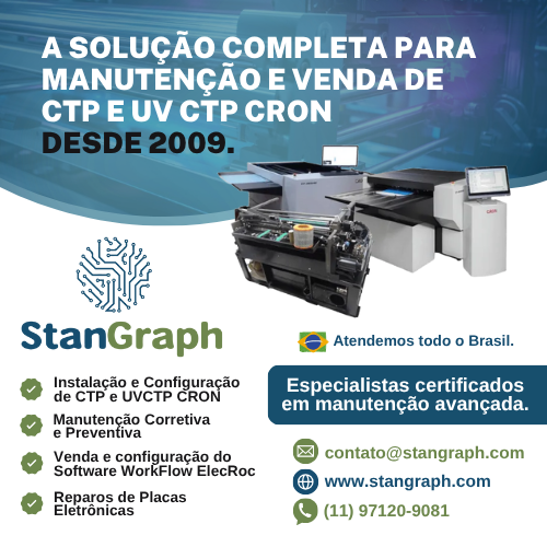 Stangraph | A solução completa para manutenção e venda de CTP e UV CTP CRON desde 2009. Instalação e Configuração de CTP e UVCTP CRON | Manutenção Corretiva e Preventiva | Venda e configuração do Software WorkFlow ElecRoc | Reparos de Placas Eletrônicas