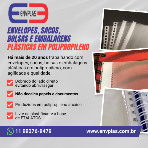 Há mais de 20 anos trabalhando com envelopes, sacos, bolsas e embalagens plásticas em polipropileno, com agilidade e qualidade. Dobrado do lado direito evitando abrir/rasgar | Não decalca papéis e documentos | Produzidos em polipropileno atóxico | Livre de plastificante à base de FTALATOS.