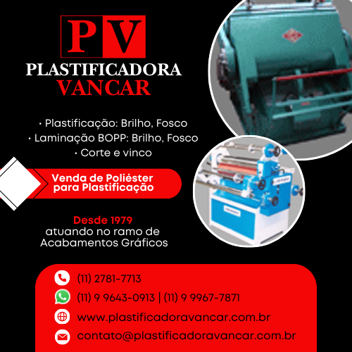 Plastificadora Vancar: Plastificação - Brilho, Fosco | Laminação BOPP - Brilho, Fosco | Corte e vinco. Desde 1979 atuando no ramo de Acabamentos Gráficos. Aceitamos todos os cartões de débito e crédito.