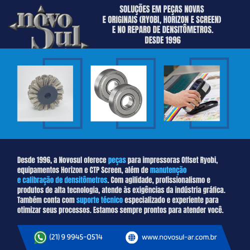 Desde 1996, a Novosul oferece peças para impressoras Offset Ryobi, equipamentos Horizon e CTP Screen, além de manutenção e calibração de densitômetros. Com agilidade, profissionalismo e produtos de alta tecnologia, atende às exigências da indústria gráfica. Também conta com suporte técnico especializado e experiente para otimizar seus processos. Estamos sempre prontos para atender você.